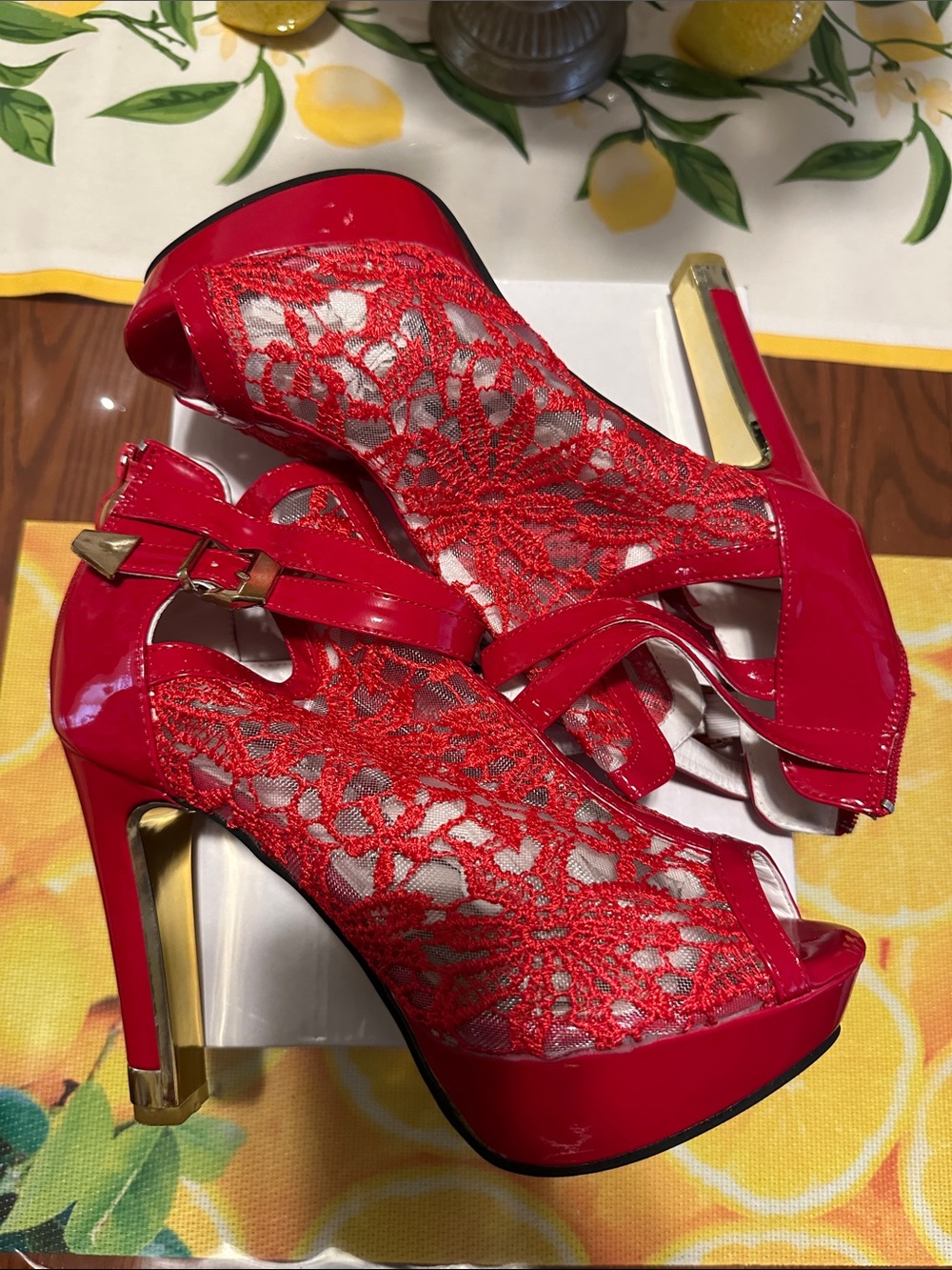 Red Lace Peep-Toe High Heel Sandals - Women's
